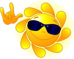 Cute and shiny Sun with sunglasses showing ”I love you” gesture